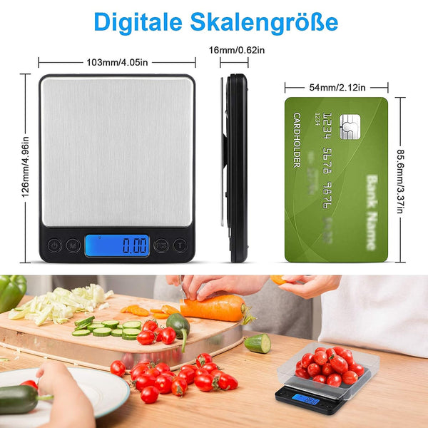 Feinwaage 0,01g – Digitale Taschenwaage 500g, Mit Tara-Funktion, 6 Einheiten, LCD-Display, Edelstahl-Wiegefläche – Für Küche, Schmuck, Medikamente