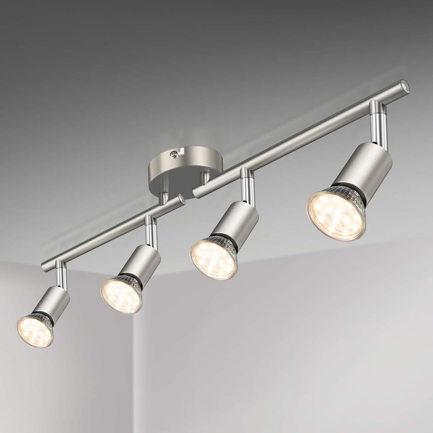 Defurhome LED Deckenleuchte Drehbar, 4 Flammig LED Strahler Deckenlampe Spot,Modern Deckenstrahler (Mattes Nickel) für Küche, Wohnzimmer, Schlafzimmer, inkl. 4 x 4W GU10 LED Lampen (400LM, warmweiß) [Energieklasse E]