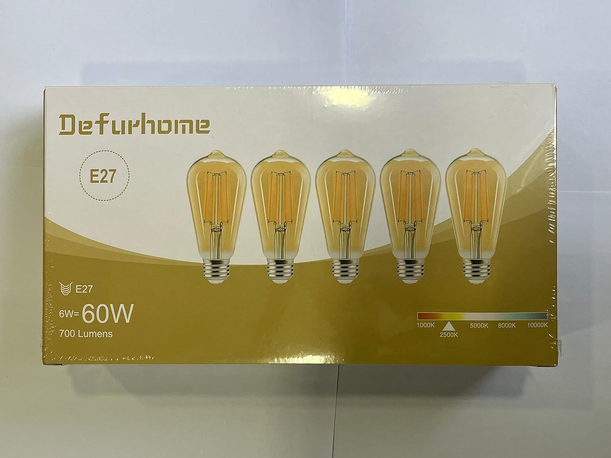 Defurhome Edison LED Vintage Glühbirne, E27 ST58 Warmweiß(2500K), 700 Lumen, 6W (ersetzt 60W) Ideal für Nostalgie und Retro Beleuchtung im Haus Café Bar- 5 Stück [Energieklasse F]
