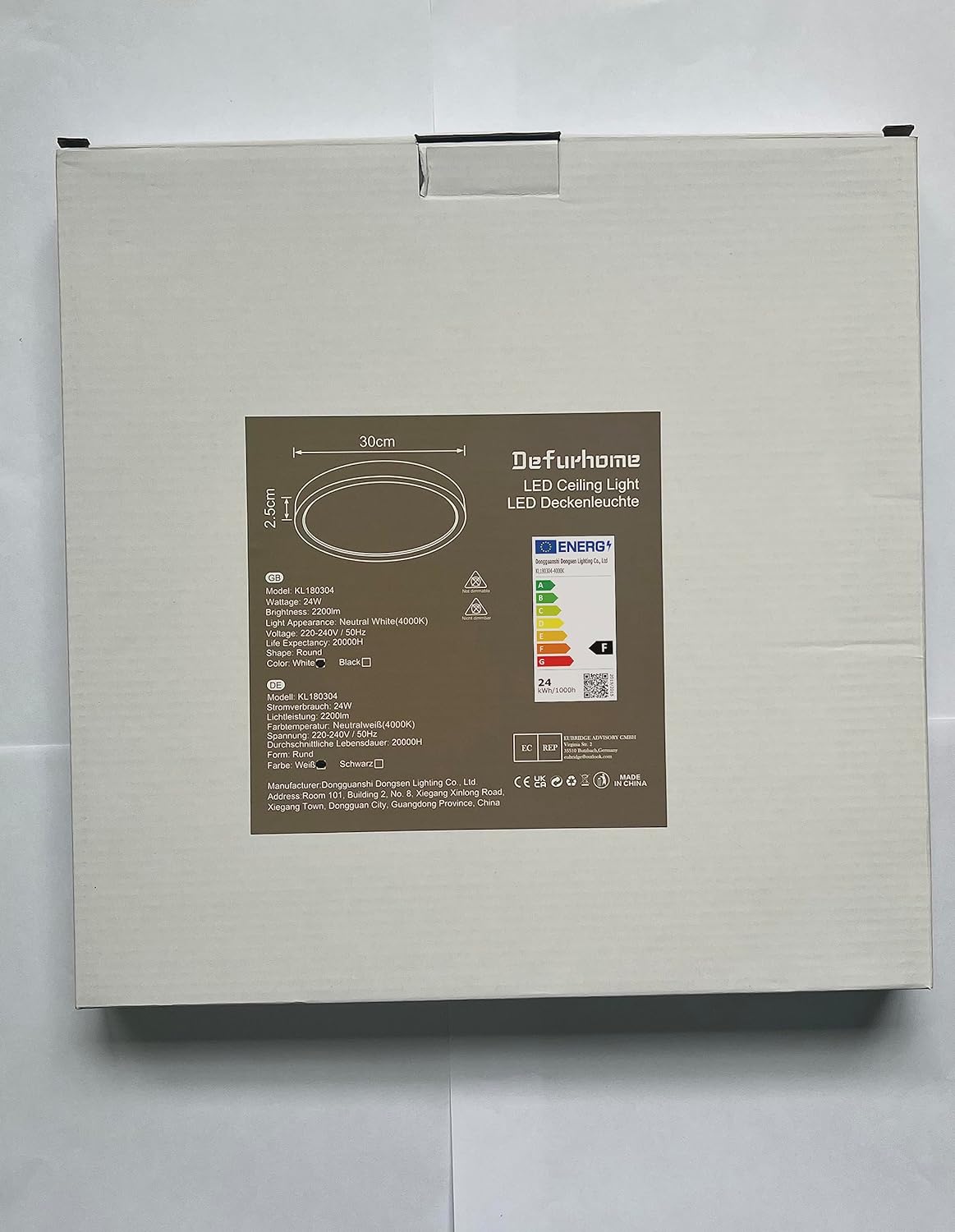 Defurhome Rund Deckenleuchte Flach,24W(Ersetzt 150W Glühbirne),2200LM,IP54 Wasserfest Badlampe,2,5cm Ultra Dünn,4000K Neutralweiß,Ideal für Schlafzimmer,Wohnzimmer,Küche,Esszimmer,Ø30cm(Weiß) [Energieklasse F]