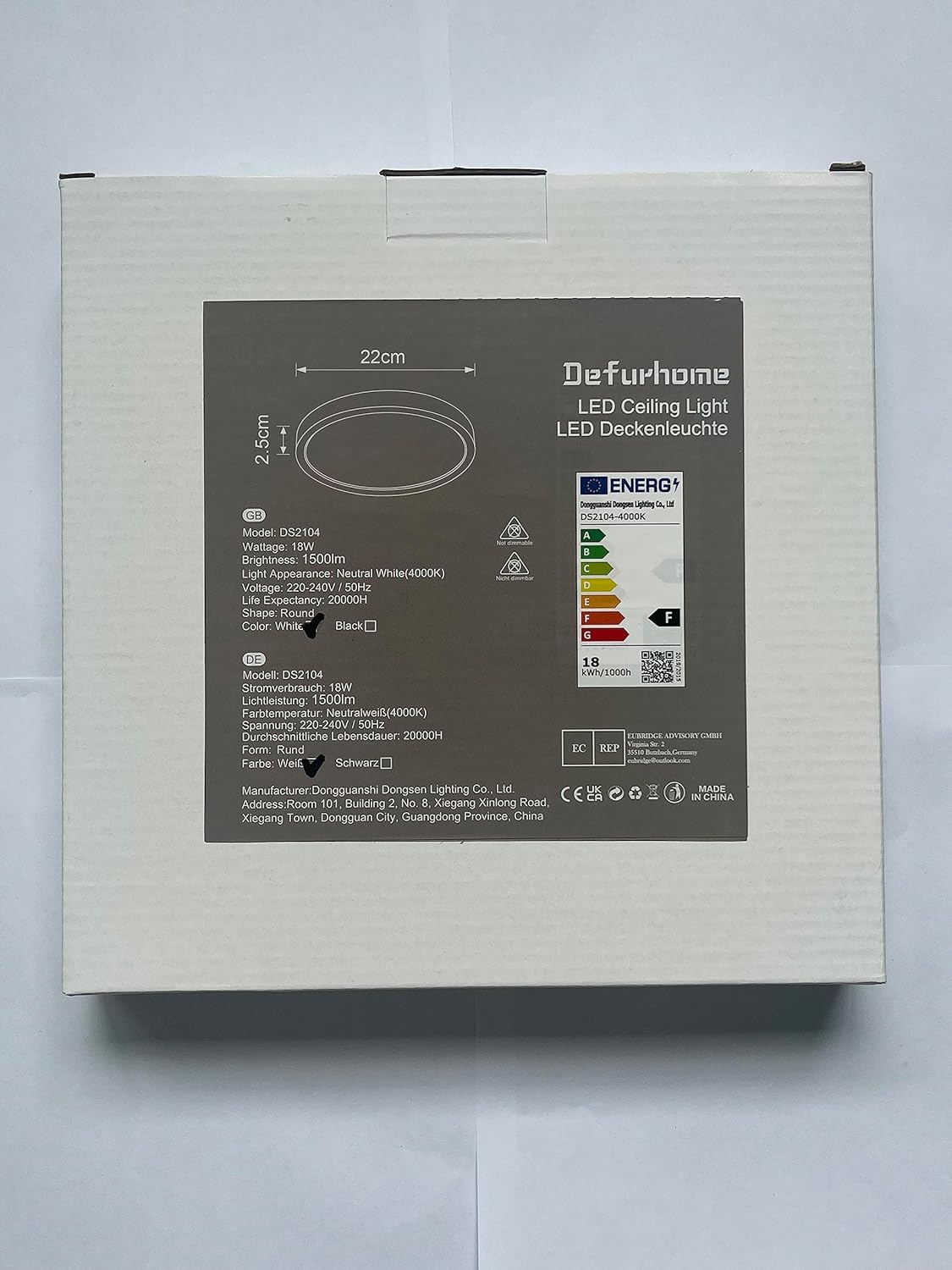 Defurhome LED Deckenleuchte Flach, 18W(Ersetzt 100W Glühbirne),1500LM,IP54 Wasserfest Badlampe,2,5cm Ultra Dünn,4000K Neutralweiß,Ideal für Wohnzimmer,Küche, Flur, Balkon, Esszimmer,Ø22cm(Weiß) [Energieklasse F]
