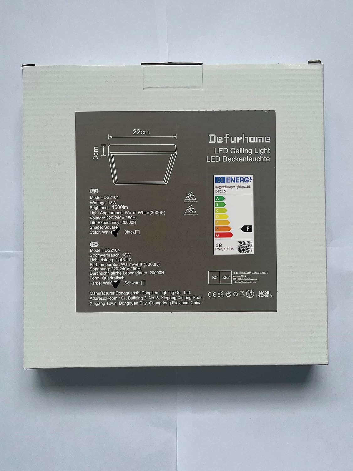 Defurhome LED Quadrat Deckenleuchte Flach,18W(Ersetzt 100W Glühbirne),1500LM,IP54 Wasserfest Badlampe,3cm Ultra Dünn,3000K Warmweiß,Ideal für Wohnzimmer,Küche,Flur,Balkon,22cm(Weiß) [Energieklasse F]