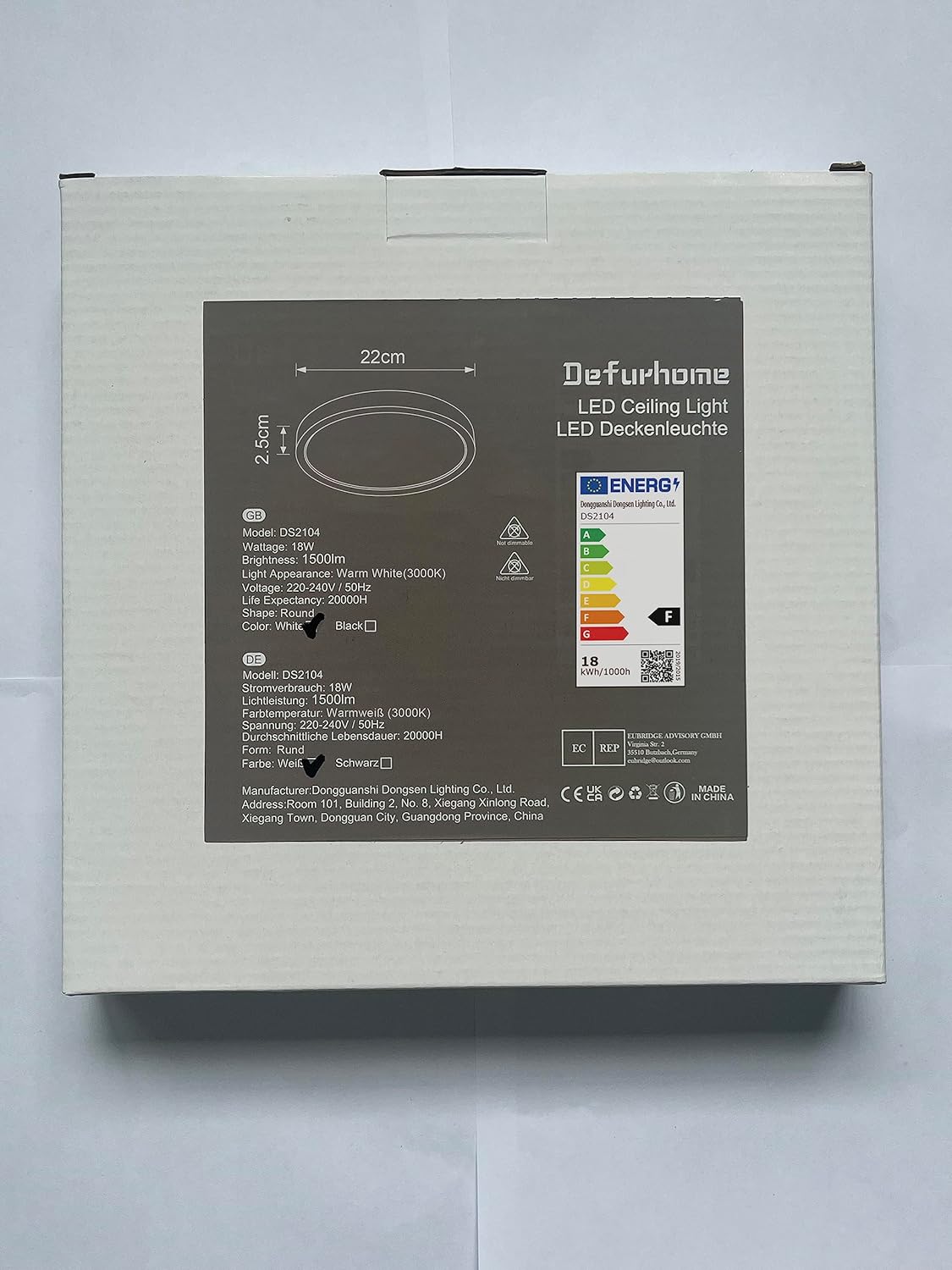 Defurhome LED Deckenleuchte Flach, Panel Rund 18W(Ersetzt 100W Glühbirne),1500LM,IP54 Wasserfest Badlampe,2,5cm Ultra Dünn,3000K Warmweiß,Ideal für Schlafzimmer, Küche,Esszimmer, Flur,Ø22cm(Weiß) [Energieklasse F]