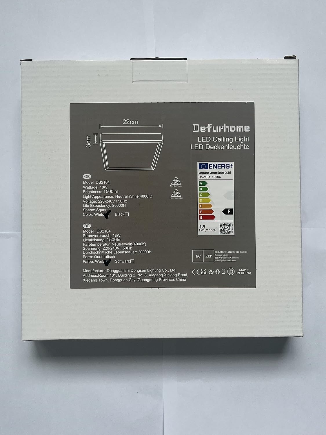 Defurhome LED Quadrat Deckenleuchte Flach,18W(Ersetzt 100W Glühbirne),1500LM,IP54 Wasserfest Badlampe,3cm Ultra Dünn,4000K Neutralweiß,Ideal für Wohnzimmer,Küche,Balkon,22cm(Weiß) [Energieklasse F]