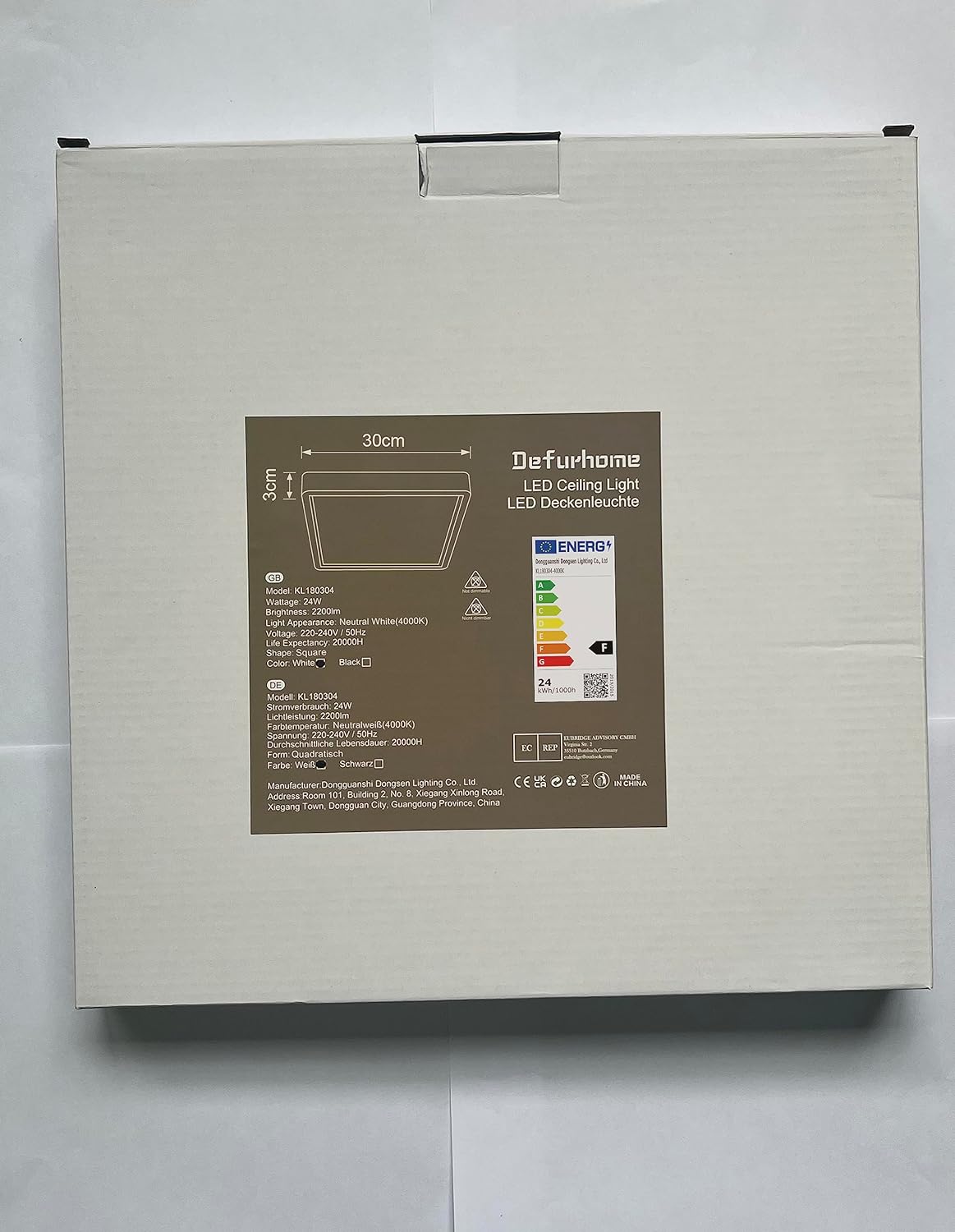 Defurhome Quadrat Deckenleuchte Flach,24W(Ersetzt 150W Glühbirne),2200LM,IP54 Wasserfest Badlampe,3cm Ultra Dünn,4000k Neutralweißer,Ideal für Schlafzimmer,Wohnzimmer,Küche,Flur,30cm(Weiß) [Energieklasse F]