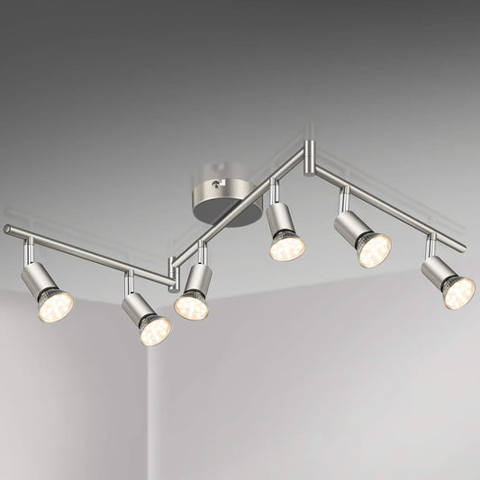Defurhome LED Deckenleuchte Drehbar, 6 Flammig LED Strahler Deckenlampe Spot,Modern Deckenstrahler (Mattes Nickel), inkl. 6 x 4 W GU10 LED Lampen (400LM, warmweiß) [Energieklasse E]