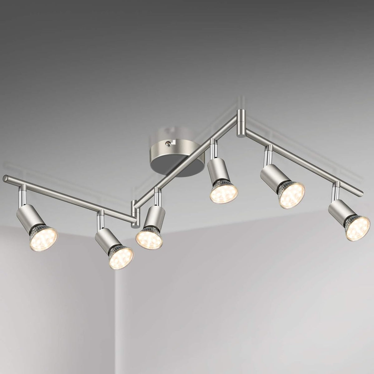 Defurhome LED Deckenleuchte Drehbar, 6 Flammig LED Strahler Deckenlampe Spot,Modern Deckenstrahler (Mattes Nickel), inkl. 6 x 4 W GU10 LED Lampen (400LM, warmweiß) [Energieklasse E]