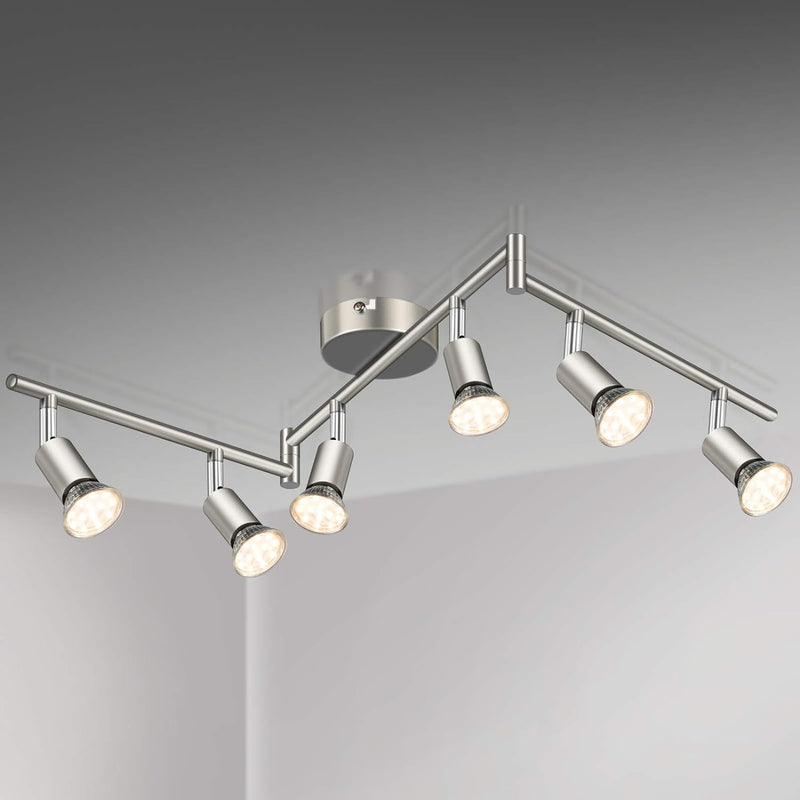Defurhome LED Deckenleuchte Drehbar, 6 Flammig LED Strahler Deckenlampe Spot,Modern Deckenstrahler (Mattes Nickel), inkl. 6 x 4 W GU10 LED Lampen (400LM, warmweiß) [Energieklasse E]