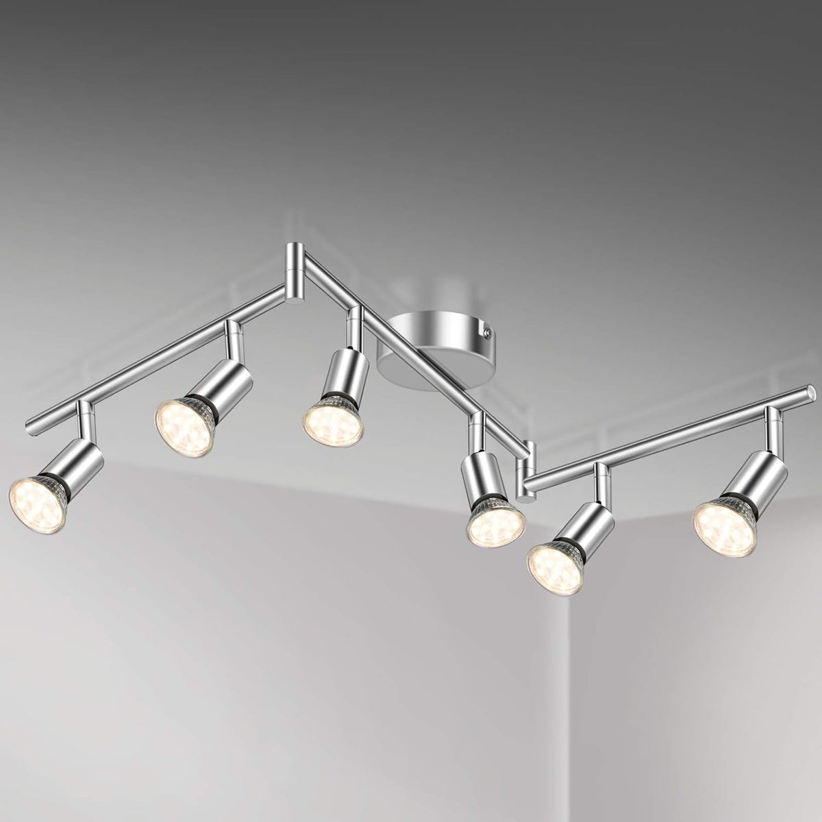 Defurhome LED Deckenleuchte Drehbar, 6 Flammig LED Strahler Deckenlampe Spot,Modern Deckenstrahler (Weißes Chrom) für Küche, Wohnzimmer, Schlafzimmer, inkl. 6 x 4W GU10 LED Lampen (400LM, warmweiß) [Energieklasse E]