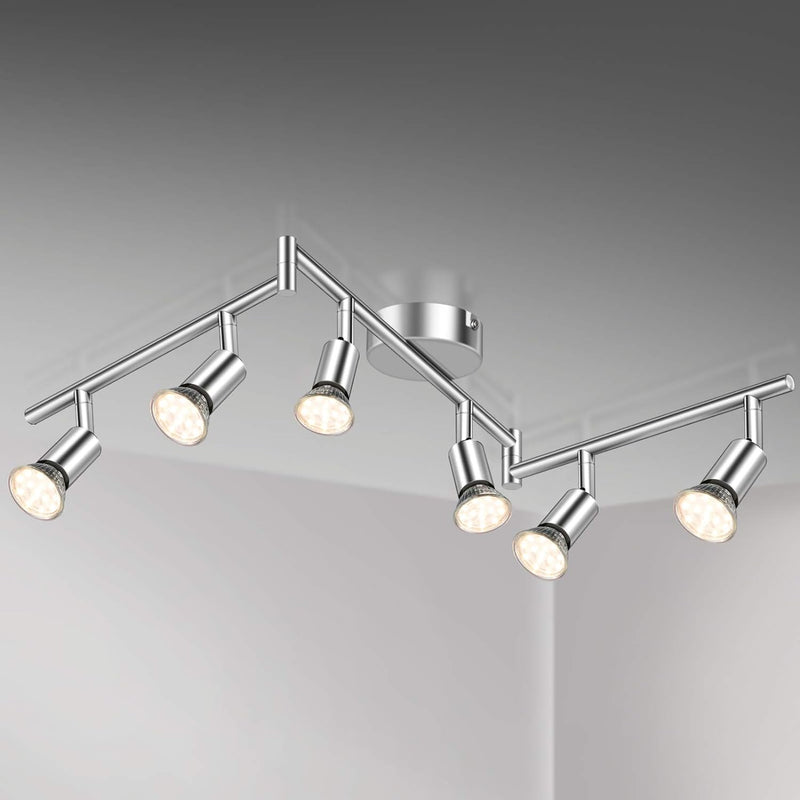 Defurhome LED Deckenleuchte Drehbar, 6 Flammig LED Strahler Deckenlampe Spot,Modern Deckenstrahler (Weißes Chrom) für Küche, Wohnzimmer, Schlafzimmer, inkl. 6 x 4W GU10 LED Lampen (400LM, warmweiß) [Energieklasse E]