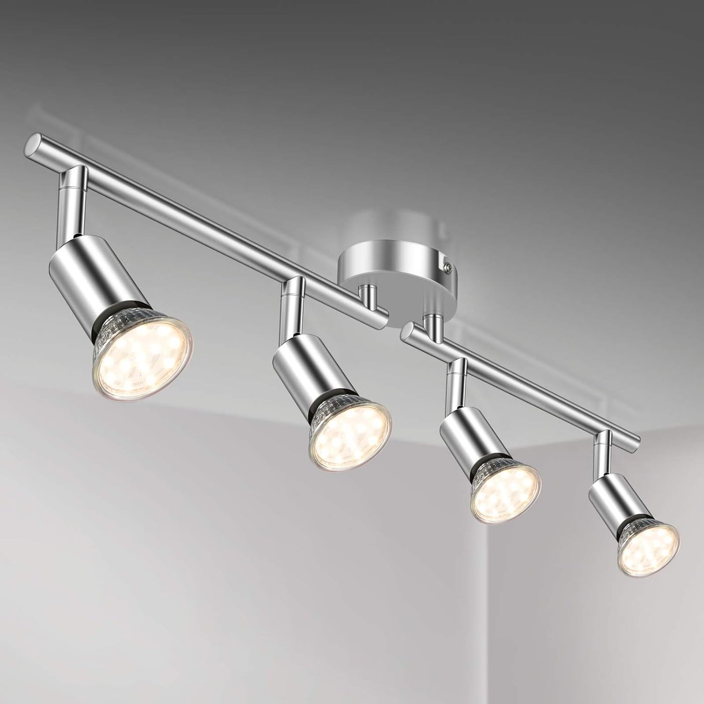 Defurhome LED Deckenleuchte Drehbar, 4 Flammig LED Strahler Deckenlampe Spot,Modern Deckenstrahler (Weißes Chrom) für Küche, Wohnzimmer, Schlafzimmer, inkl. 4 x 4 W GU10 LED Lampen (400LM, warmweiß) [Energieklasse E]