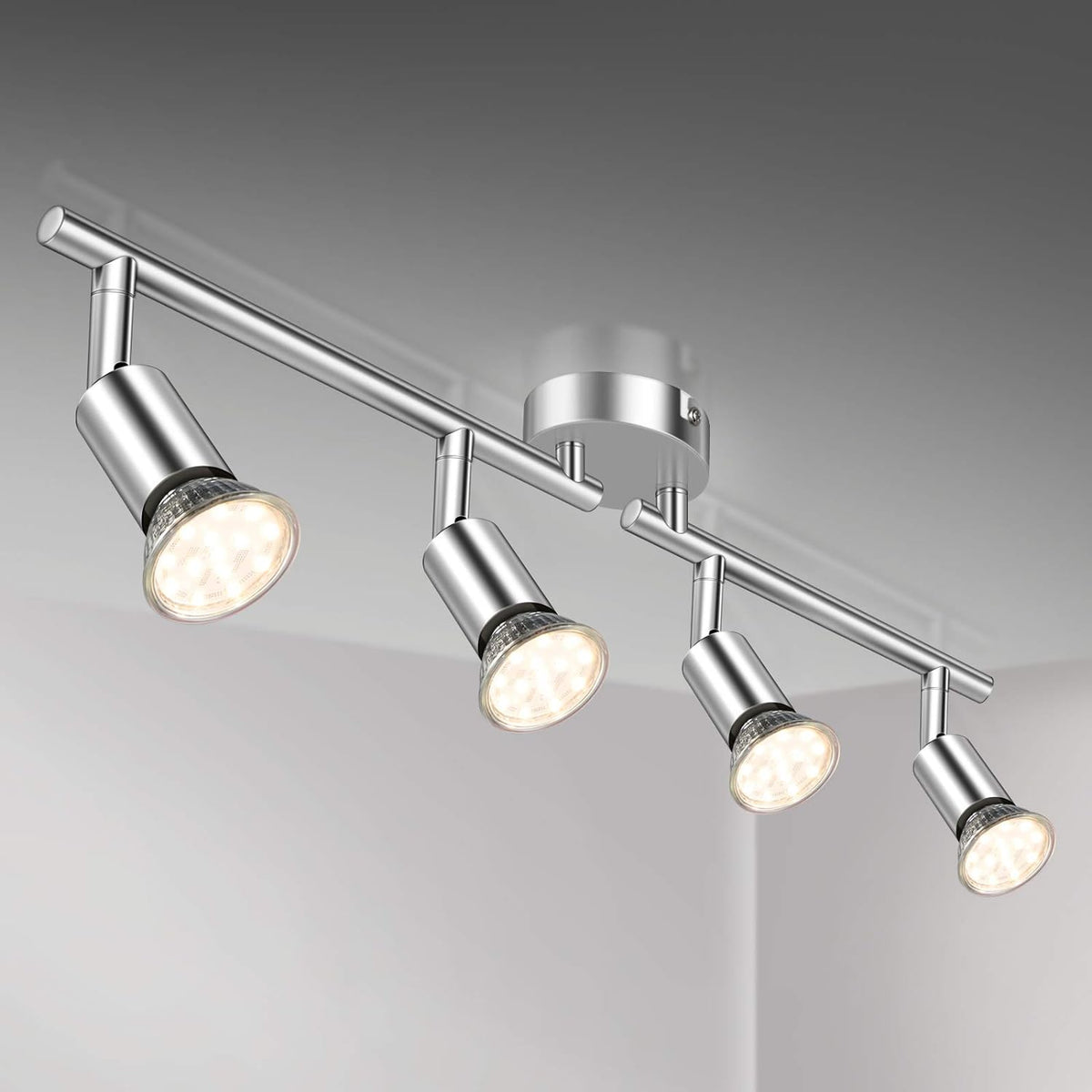 Defurhome LED Deckenleuchte Drehbar, 4 Flammig LED Strahler Deckenlampe Spot,Modern Deckenstrahler (Weißes Chrom) für Küche, Wohnzimmer, Schlafzimmer, inkl. 4 x 4 W GU10 LED Lampen (400LM, warmweiß) [Energieklasse E]
