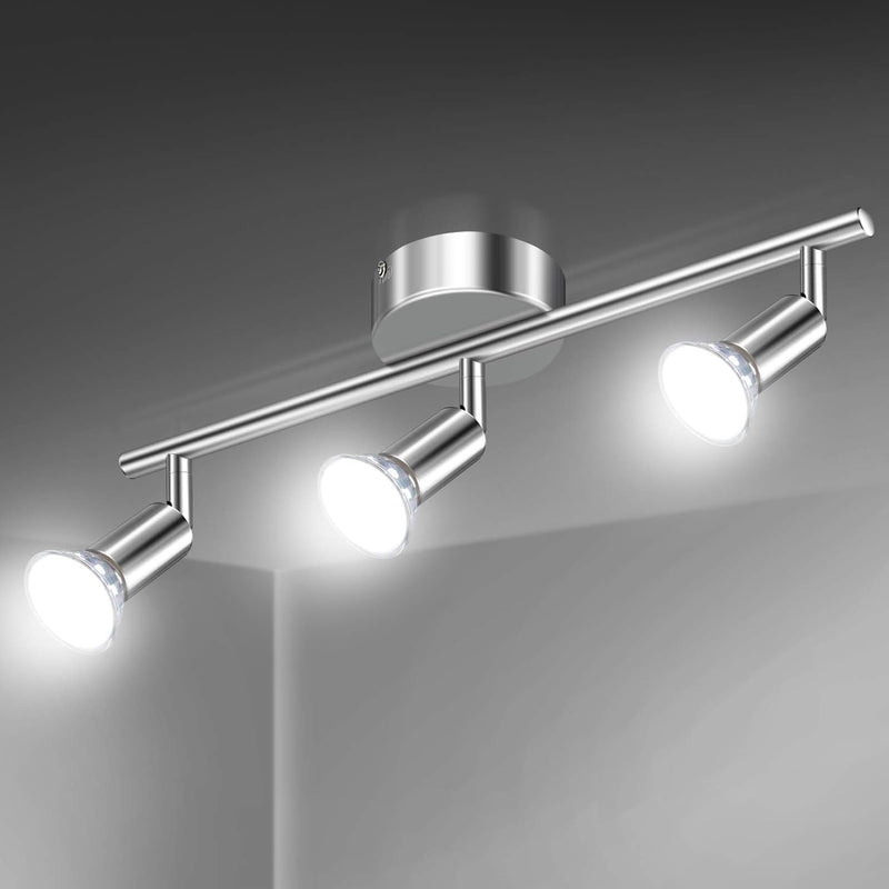 Defurhome LED Ceiling Light Rotatable, 3 Way Adjustable Modern Ceiling Spotlights(White Chrome) for Kitchen, Living Room, Bedroom, Including 3 x 4 W GU10 Led Bulbs(450LM, Cool White) [Energy Class E]