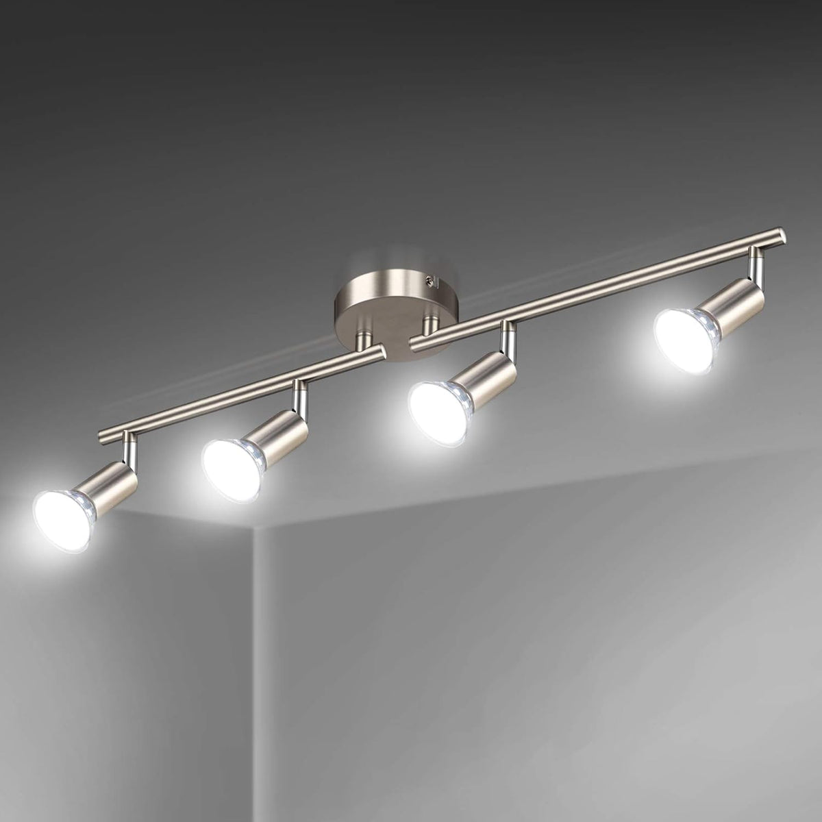 Defurhome LED Ceiling Light Rotatable, 4 Way Adjustable Modern Ceiling Spotlights(Matte Nickel) for Kitchen, Living Room, Bedroom, Including 4 x 4W GU10 Led Bulbs(450LM, Cool White) [Energy Class E]
