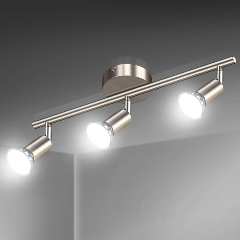 Defurhome LED Ceiling Light Rotatable, 3 Way Adjustable Modern Ceiling Spotlights(Matte Nickel) for Kitchen, Living Room, Bedroom, Including 3 x 4 W GU10 Led Bulbs(450LM, Cool White) [Energy Class E]