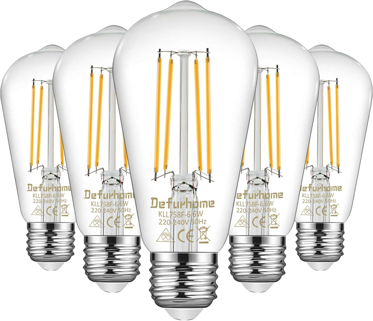 Defurhome ST58 E27 6W LED Edison Light Bulbs 60W Equivalent, Daylight White 5000K, Not Dimmable, Clear Glass, E27 Base Lamp for Home, Restaurant, Reading Room, Pack of 5 [Energy Class A+]