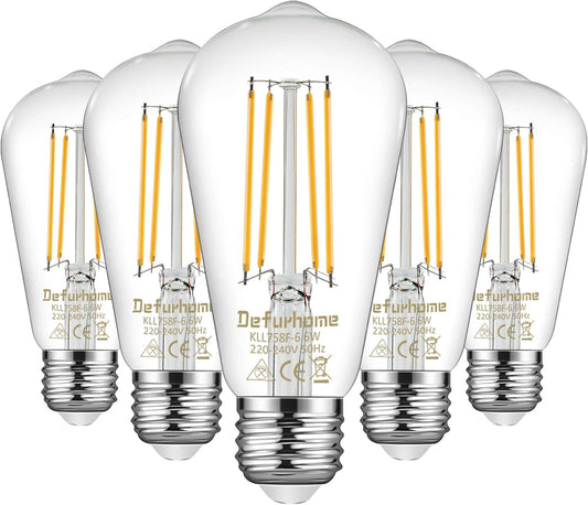 Defurhome ST58 E27 6W LED Edison Light Bulbs 60W Equivalent, Daylight White 5000K, Not Dimmable, Clear Glass, E27 Base Lamp for Home, Restaurant, Reading Room, Pack of 5 [Energy Class A+]