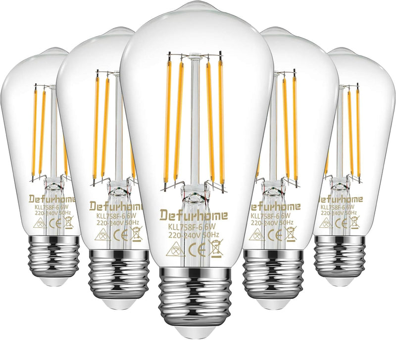 Defurhome ST58 E27 6W LED Edison Light Bulbs 60W Equivalent, Daylight White 5000K, Not Dimmable, Clear Glass, E27 Base Lamp for Home, Restaurant, Reading Room, Pack of 5 [Energy Class A+]