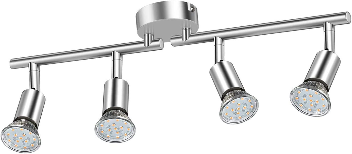 Defurhome LED Ceiling Light Rotatable, 4 Way Adjustable Modern Ceiling Spotlights(White Chrome) for Kitchen, Living Room, Bedroom,Including 4 x 4W GU10 Led Bulbs(400LM, Warm White) [Energy Class E]