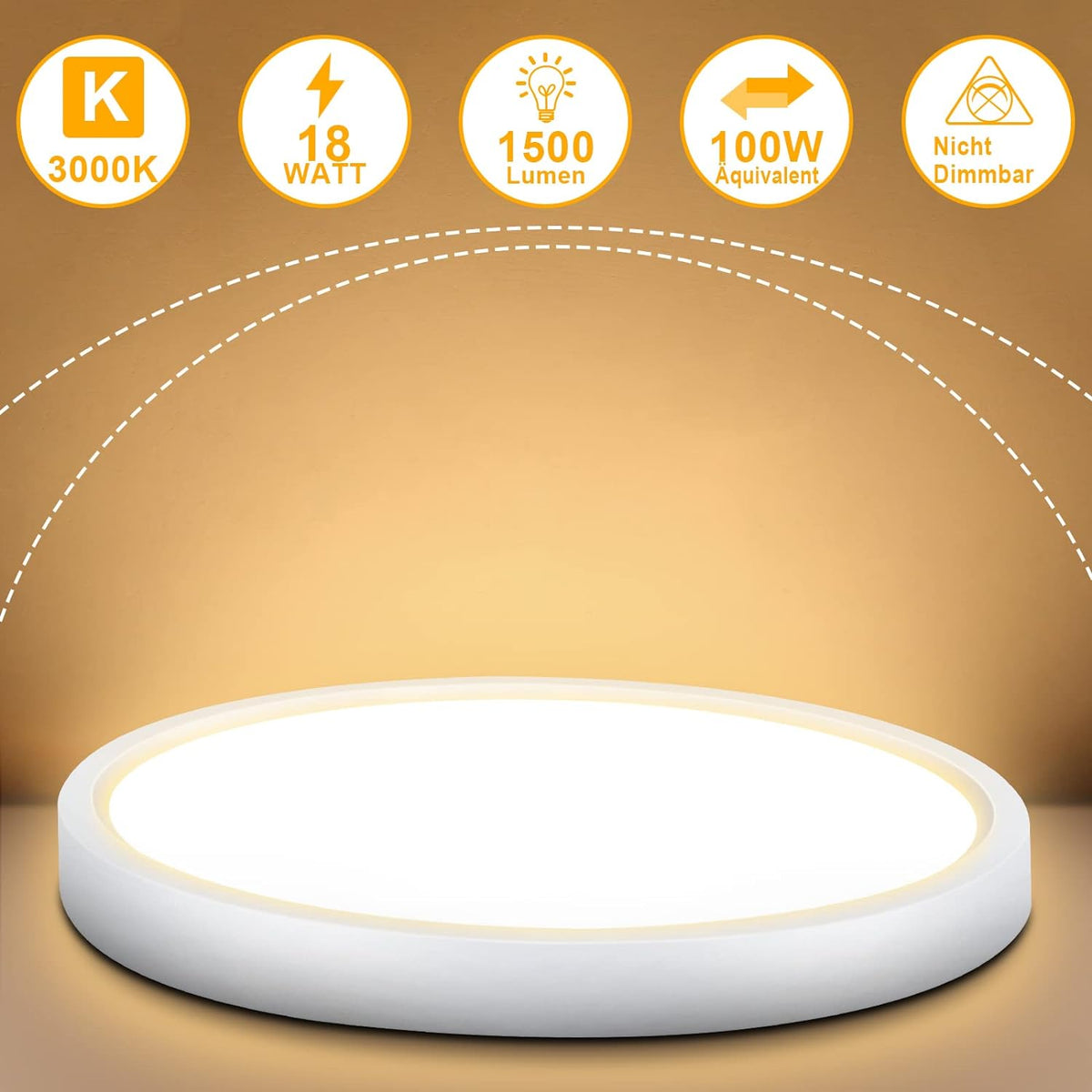 Defurhome LED Deckenleuchte Flach, Panel Rund 18W(Ersetzt 100W Glühbirne),1500LM,IP54 Wasserfest Badlampe,2,5cm Ultra Dünn,3000K Warmweiß,Ideal für Schlafzimmer, Küche,Esszimmer, Flur,Ø22cm(Weiß) [Energieklasse F]