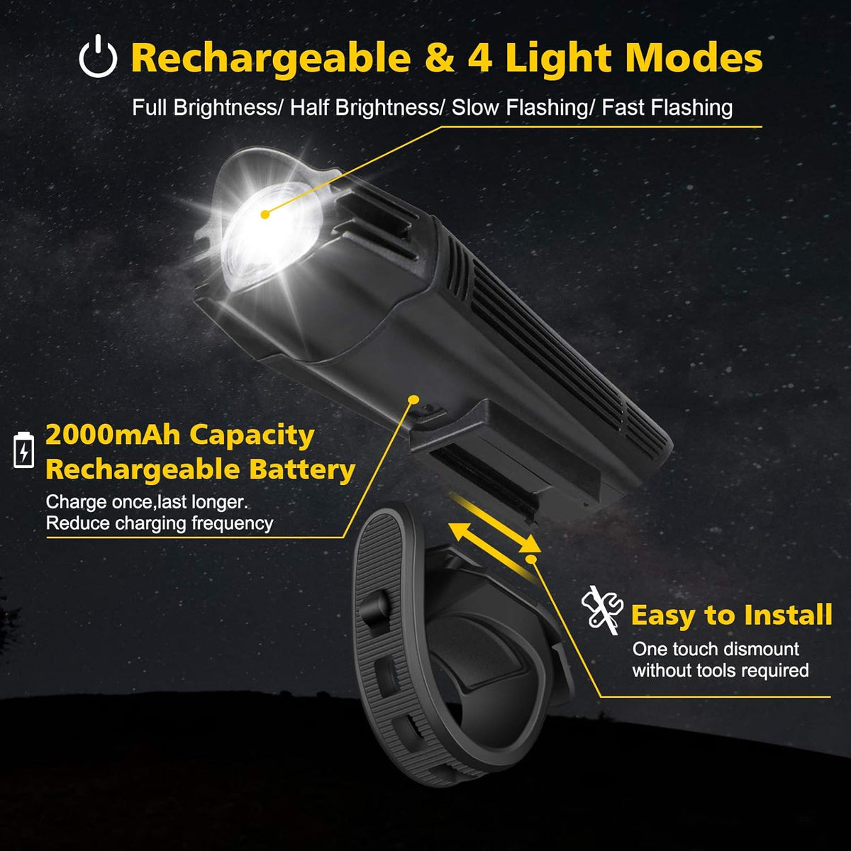 Defurhome Super Bright Bike Light Set, Powerful LED USB Rechargeable Front Headlight and Back Taillight, 2000mah Lithium Battery, Waterproof, 4 Lighting Modes Mountain Road Bicycle Lights