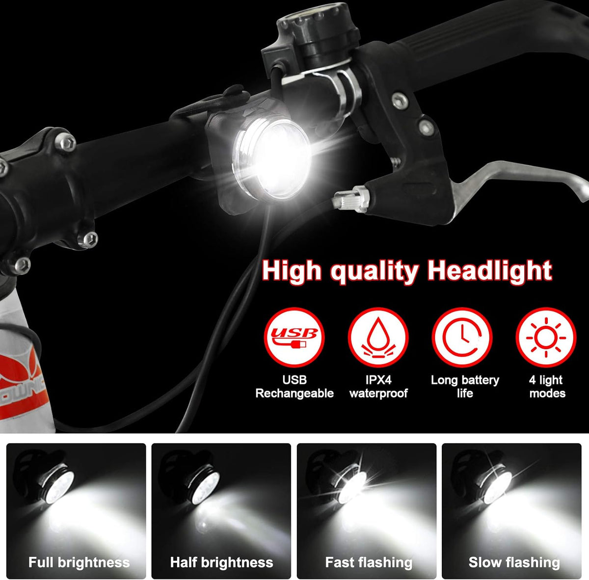 Defurhome Bike Light Set, Super Bright USB Rechargeable Bicycle Lights, 4 Brightness Modes Options Cycling Front Light & Rear Light, Waterproof Mountain Road Bike Lights(2 Cables, 4 Straps)