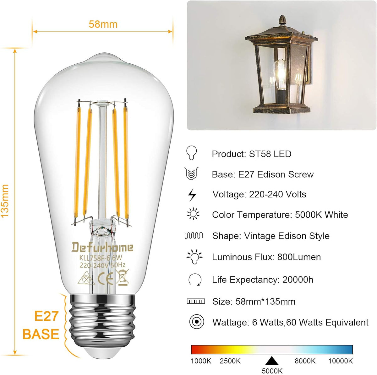 Defurhome ST58 E27 6W LED Edison Light Bulbs 60W Equivalent, Daylight White 5000K, Not Dimmable, Clear Glass, E27 Base Lamp for Home, Restaurant, Reading Room, Pack of 5 [Energy Class A+]