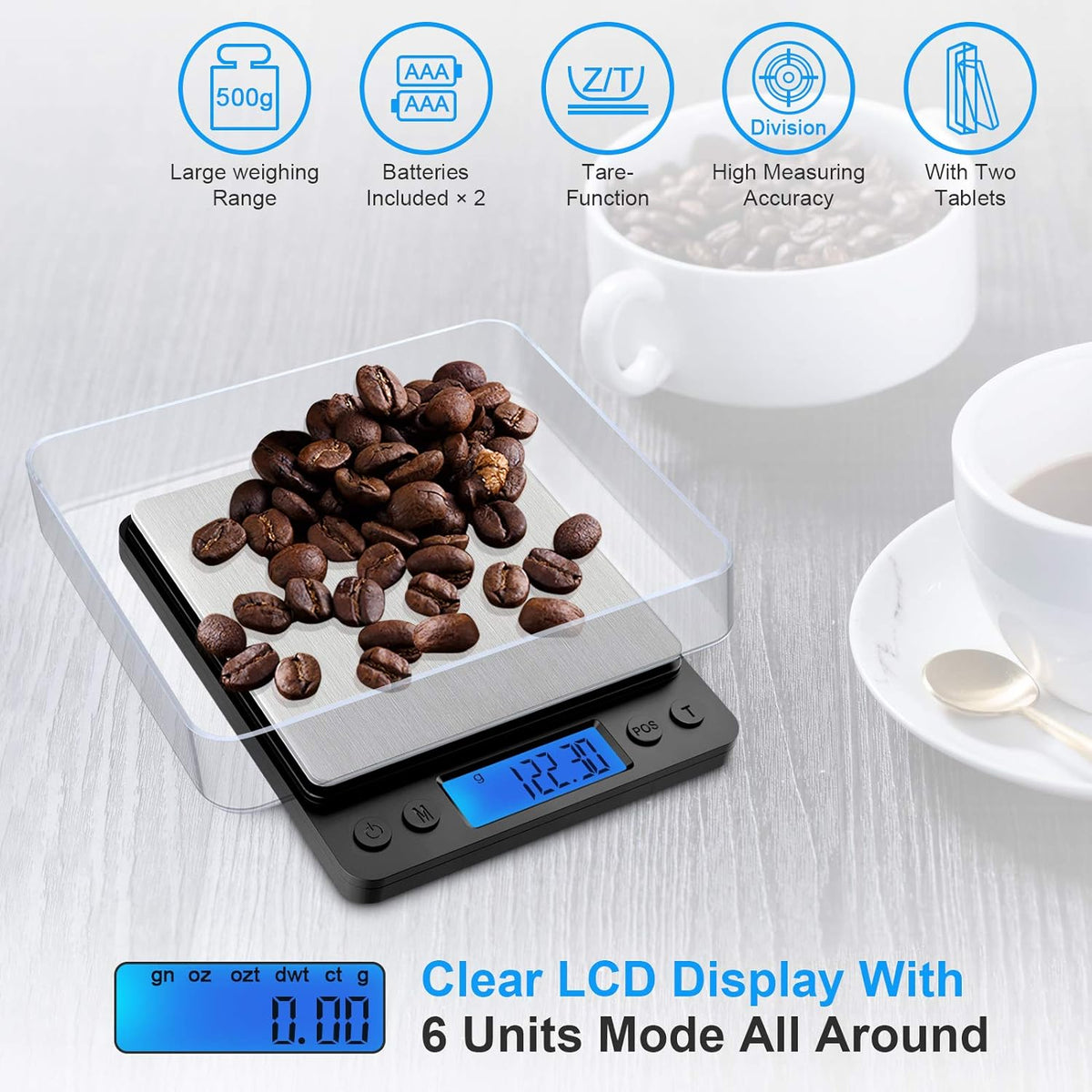 Defurhome Digital Pocket Scales, 500g / 0.01g Stainless Steel Jewelry Scales,Coin Scales,Kitchen Food Scales with Back-Lit LCD Display, PCS and Tare Function, (Batteries Included)