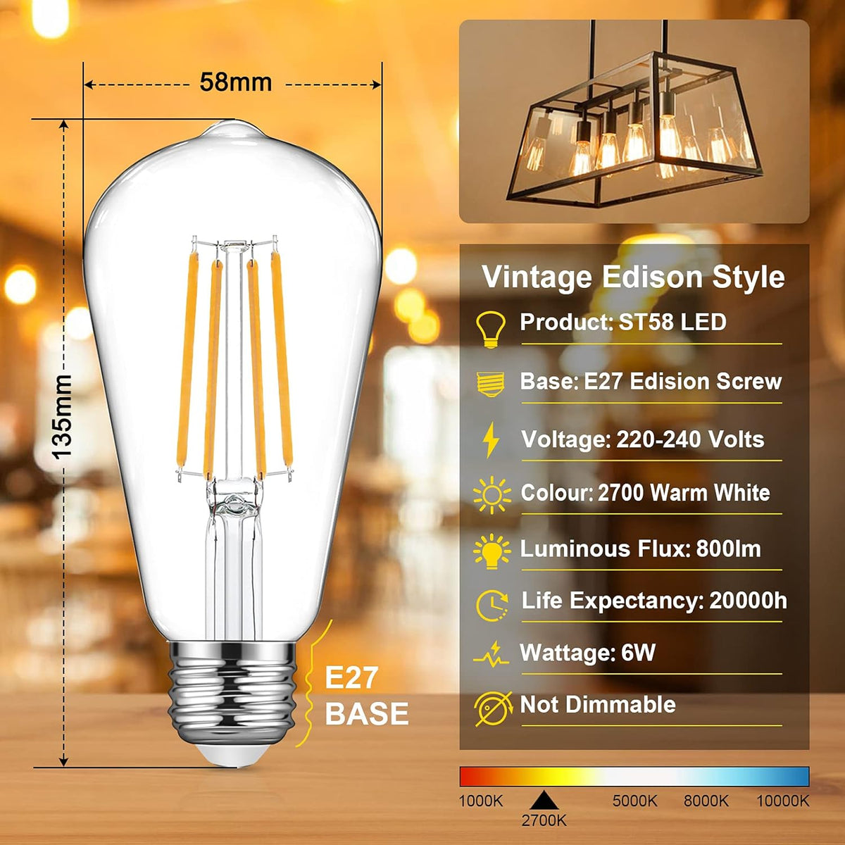 Defurhome Vintage ST58 E27 LED Edison Light Bulbs, 6W(Equivalent to 60W),800LM, Warm White 2700K, Not Dimmable, Filament Clear LED Bulb, Pack of 5 [Energy Class A+]