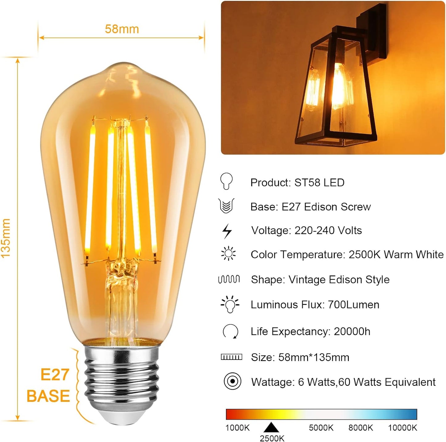 Defurhome Edison LED Vintage Light Bulb, E27 ST58 Warm White (2500K), 700 lumens, 6W (Replaces 60W) Ideal for Nostalgia and Retro Lighting in The House café bar - 5 Pieces [Energy Class A+]