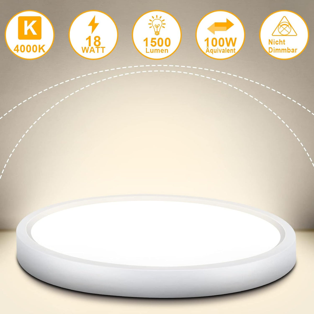 Defurhome LED Deckenleuchte Flach, 18W(Ersetzt 100W Glühbirne),1500LM,IP54 Wasserfest Badlampe,2,5cm Ultra Dünn,4000K Neutralweiß,Ideal für Wohnzimmer,Küche, Flur, Balkon, Esszimmer,Ø22cm(Weiß) [Energieklasse F]