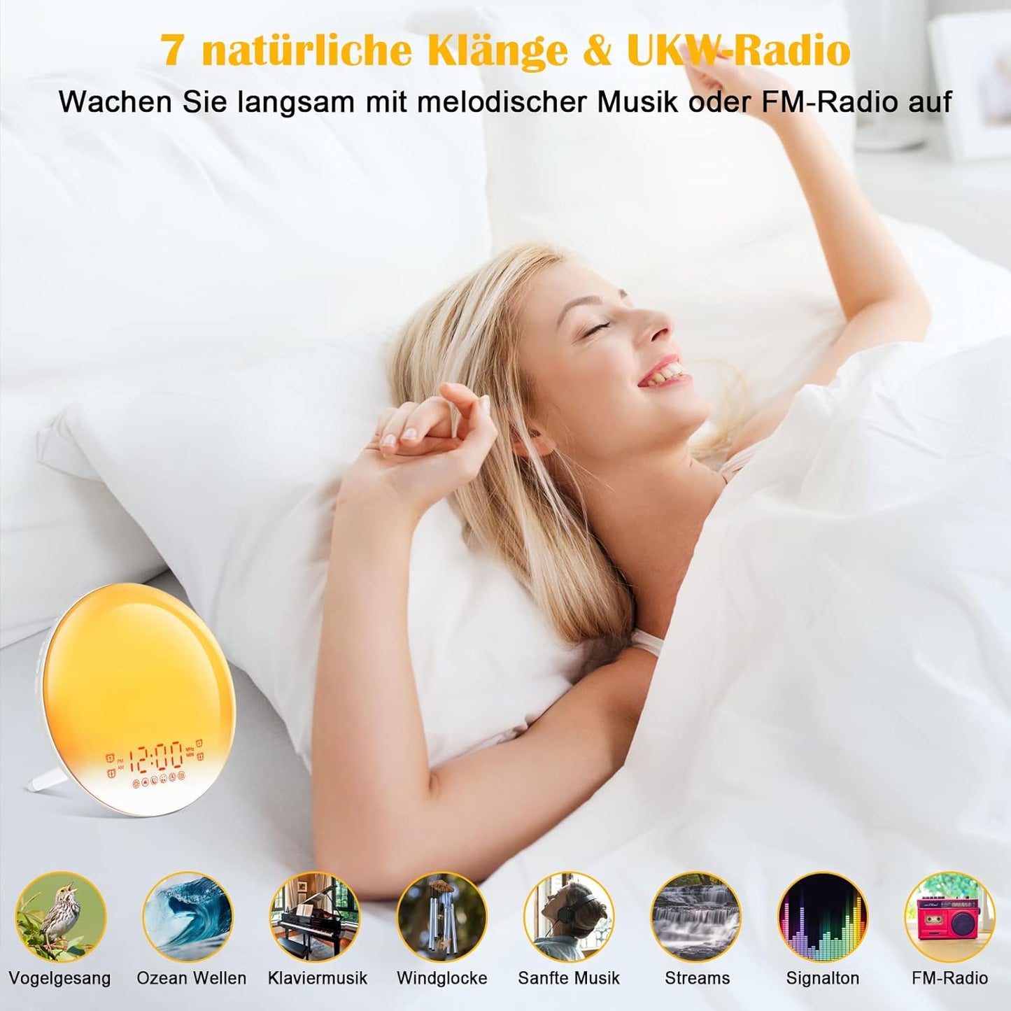 Defurhome Wake Up Licht Lichtwecker - Radiowecker Sonnenaufgang Sonnenuntergang mit Dual Wecker, 7 Farben Licht,7 natürlichen Sounds & FM Radio & Snooze Funktion für Erwachsene & Kinder [Energieklasse G]