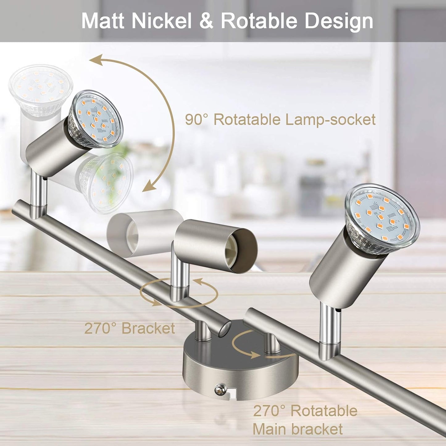 Defurhome LED Deckenleuchte Drehbar, 4 Flammig LED Strahler Deckenlampe Spot,Modern Deckenstrahler (Mattes Nickel) für Küche, Wohnzimmer, Schlafzimmer, inkl. 4 x 4W GU10 LED Lampen (400LM, warmweiß) [Energieklasse E]