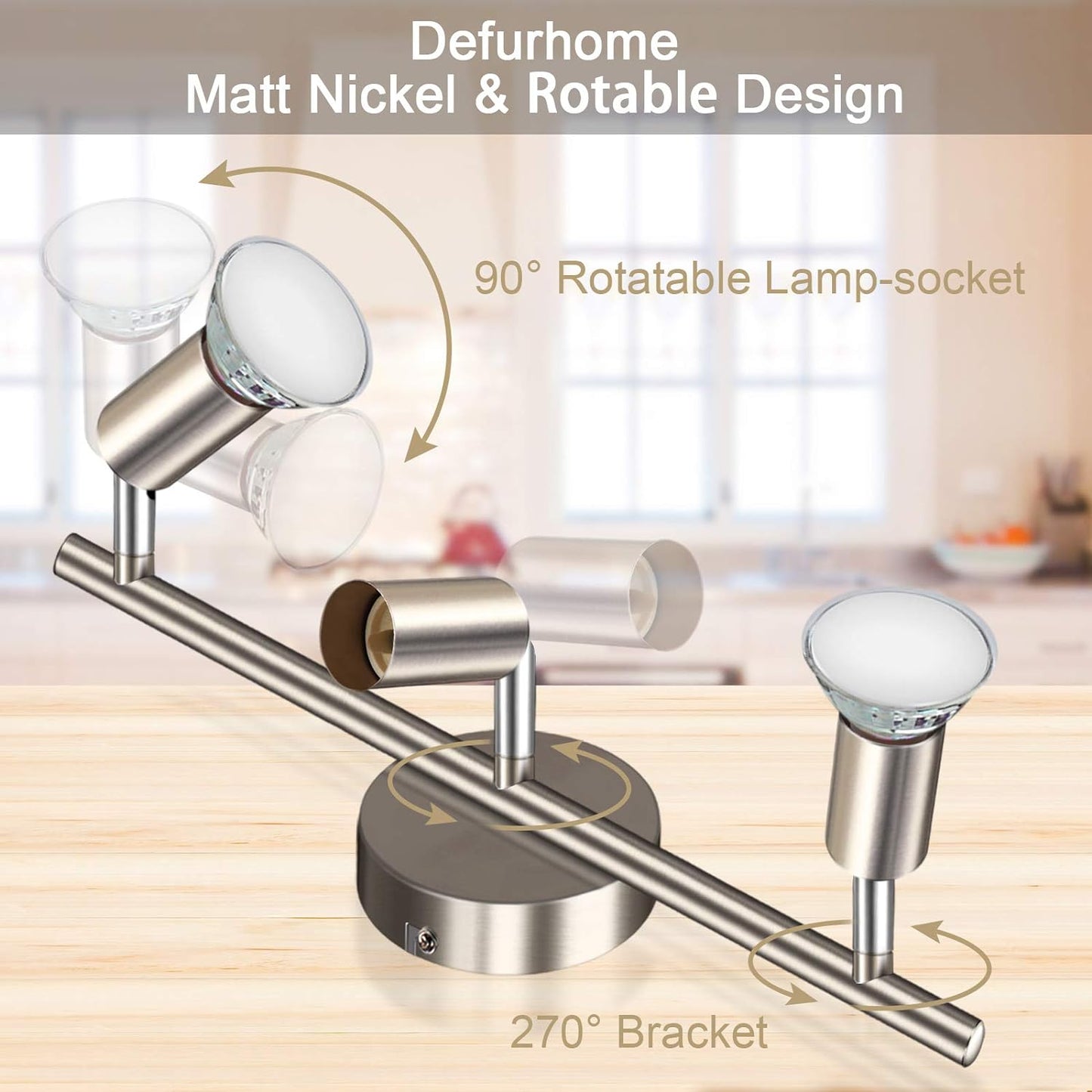 Defurhome LED Ceiling Light Rotatable, 3 Way Adjustable Modern Ceiling Spotlights(Matte Nickel) for Kitchen, Living Room, Bedroom, Including 3 x 4 W GU10 Led Bulbs(450LM, Cool White) [Energy Class E]