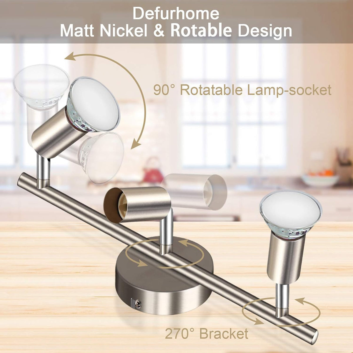 Defurhome LED Ceiling Light Rotatable, 3 Way Adjustable Modern Ceiling Spotlights(Matte Nickel) for Kitchen, Living Room, Bedroom, Including 3 x 4 W GU10 Led Bulbs(450LM, Cool White) [Energy Class E]