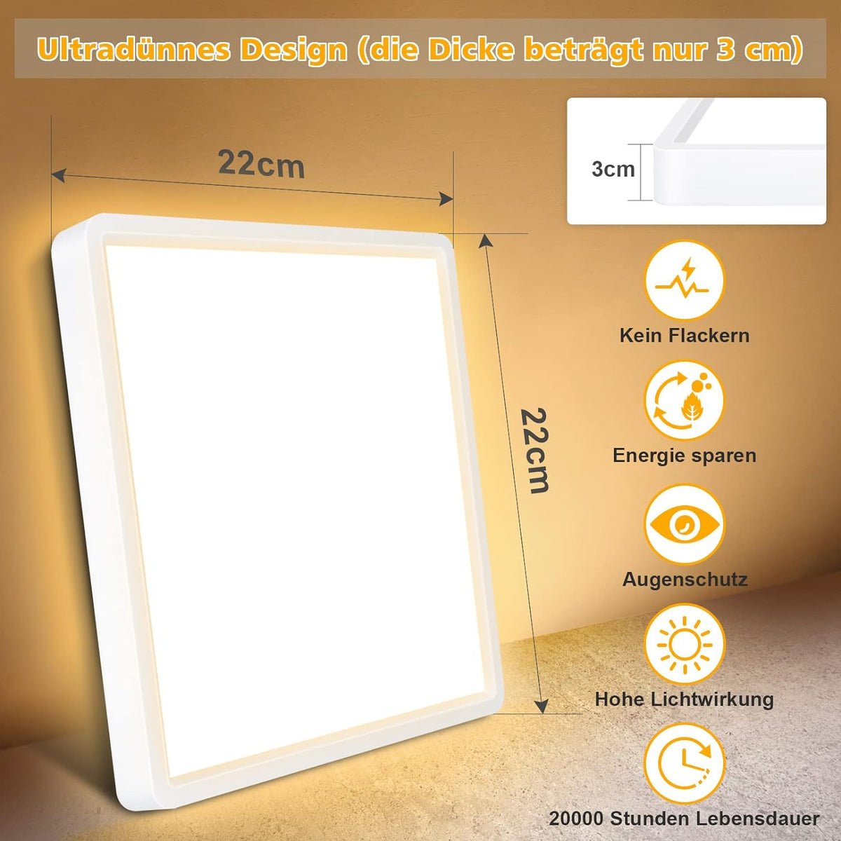 Defurhome LED Quadrat Deckenleuchte Flach,18W(Ersetzt 100W Glühbirne),1500LM,IP54 Wasserfest Badlampe,3cm Ultra Dünn,3000K Warmweiß,Ideal für Wohnzimmer,Küche,Flur,Balkon,22cm(Weiß) [Energieklasse F]