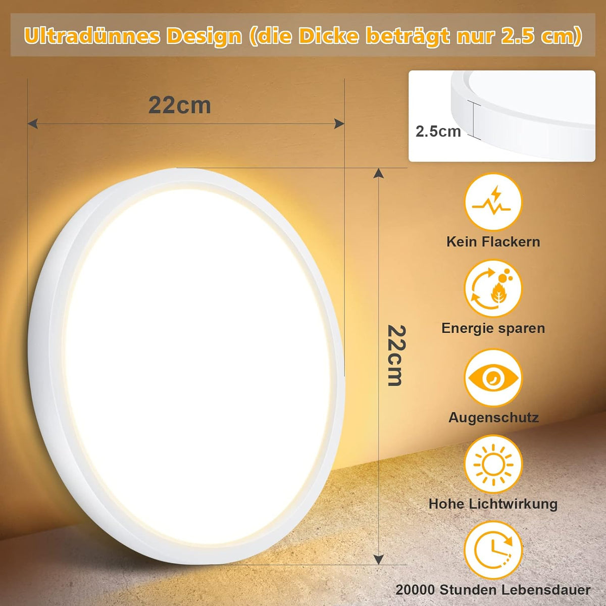 Defurhome LED Deckenleuchte Flach, Panel Rund 18W(Ersetzt 100W Glühbirne),1500LM,IP54 Wasserfest Badlampe,2,5cm Ultra Dünn,3000K Warmweiß,Ideal für Schlafzimmer, Küche,Esszimmer, Flur,Ø22cm(Weiß) [Energieklasse F]