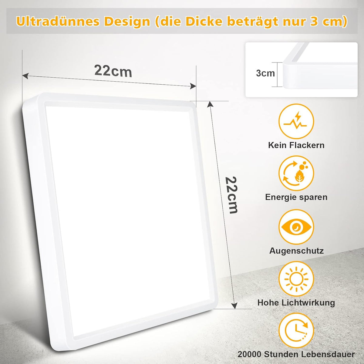 Defurhome LED Quadrat Deckenleuchte Flach,18W(Ersetzt 100W Glühbirne),1500LM,IP54 Wasserfest Badlampe,3cm Ultra Dünn,4000K Neutralweiß,Ideal für Wohnzimmer,Küche,Balkon,22cm(Weiß) [Energieklasse F]