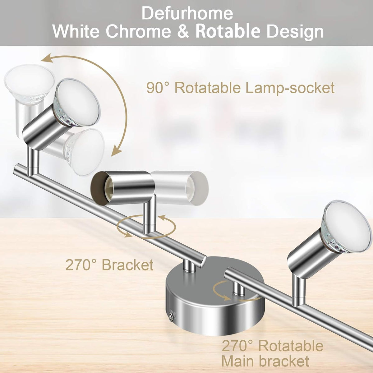 Defurhome LED Ceiling Light Rotatable, 4 Way Adjustable Modern Ceiling Spotlights(White Chrome) for Kitchen, Living Room, Bedroom, Including 4 x 4 W GU10 Led Bulbs(450LM, Cool White) [Energy Class E]