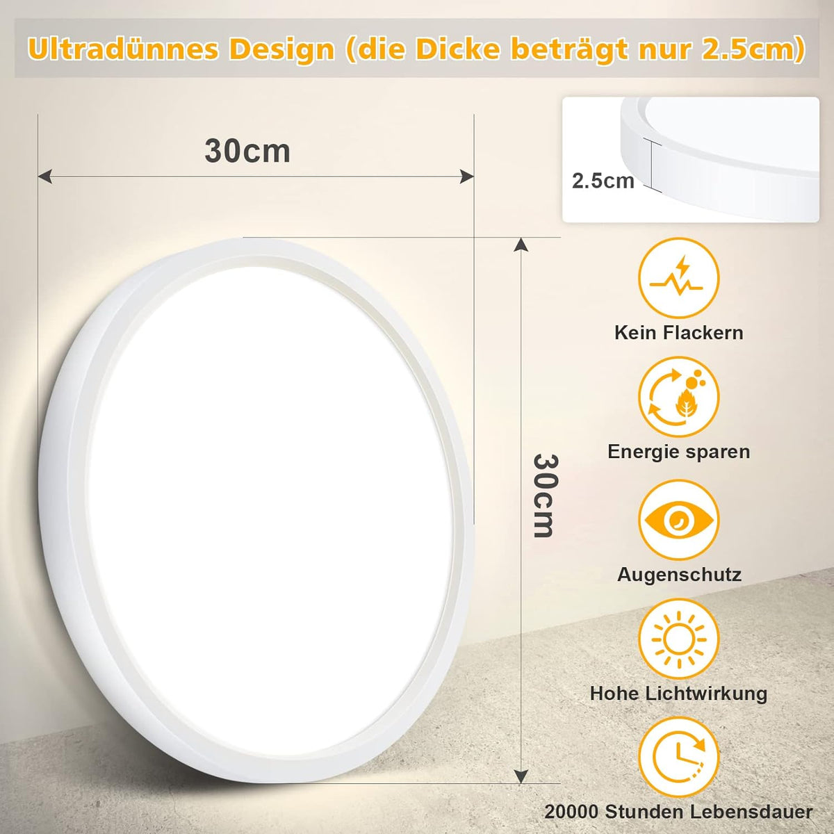 Defurhome Rund Deckenleuchte Flach,24W(Ersetzt 150W Glühbirne),2200LM,IP54 Wasserfest Badlampe,2,5cm Ultra Dünn,4000K Neutralweiß,Ideal für Schlafzimmer,Wohnzimmer,Küche,Esszimmer,Ø30cm(Weiß) [Energieklasse F]