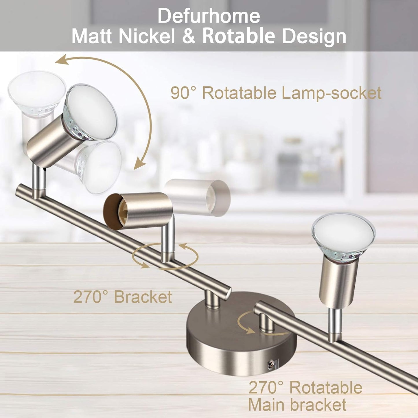 Defurhome LED Ceiling Light Rotatable, 4 Way Adjustable Modern Ceiling Spotlights(Matte Nickel) for Kitchen, Living Room, Bedroom, Including 4 x 4W GU10 Led Bulbs(450LM, Cool White) [Energy Class E]