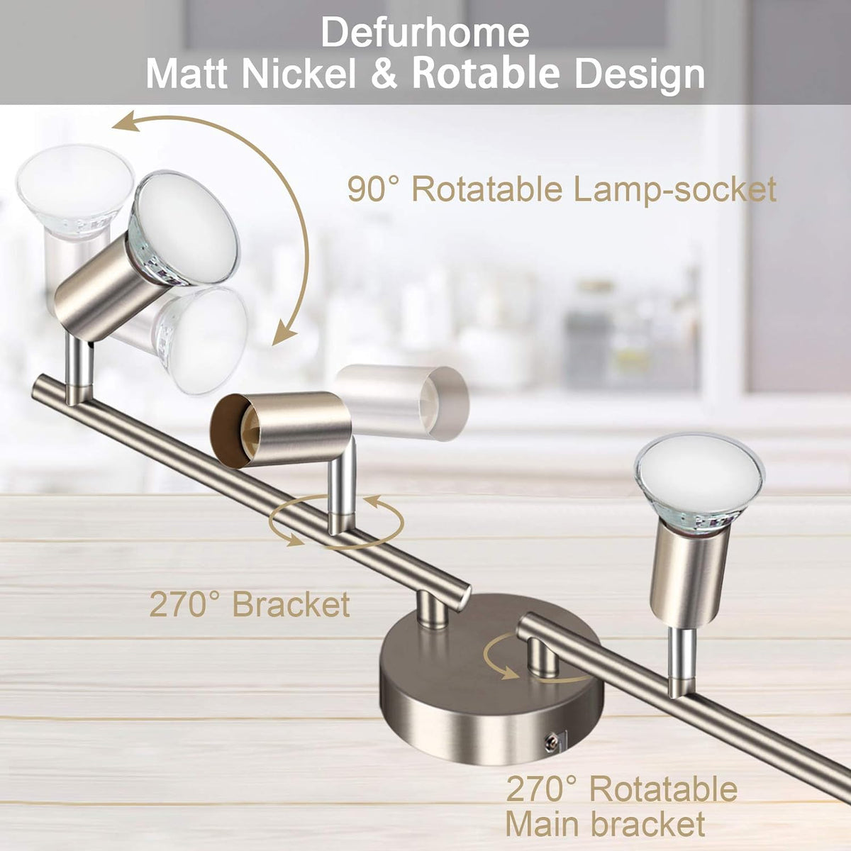 Defurhome LED Ceiling Light Rotatable, 4 Way Adjustable Modern Ceiling Spotlights(Matte Nickel) for Kitchen, Living Room, Bedroom, Including 4 x 4W GU10 Led Bulbs(450LM, Cool White) [Energy Class E]