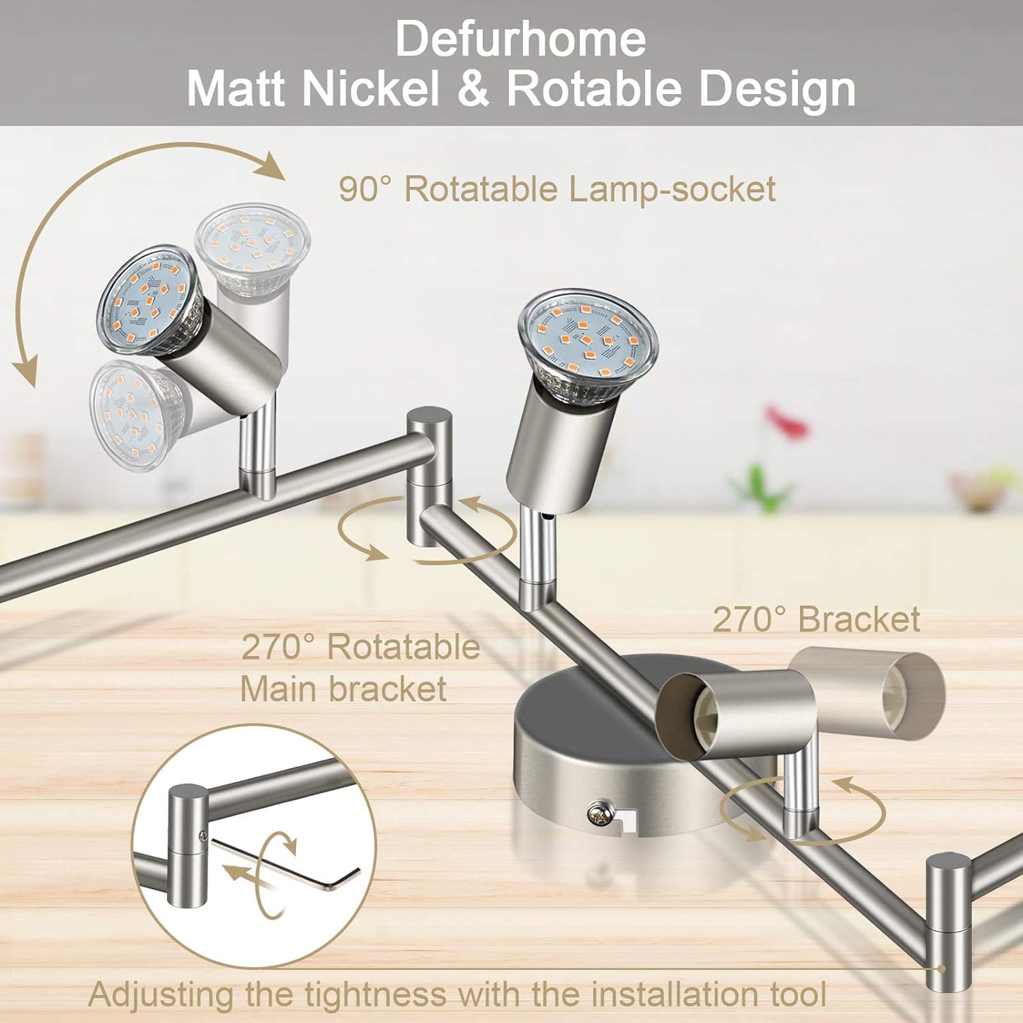 Defurhome LED Deckenleuchte Drehbar, 6 Flammig LED Strahler Deckenlampe Spot,Modern Deckenstrahler (Mattes Nickel), inkl. 6 x 4 W GU10 LED Lampen (400LM, warmweiß) [Energieklasse E]