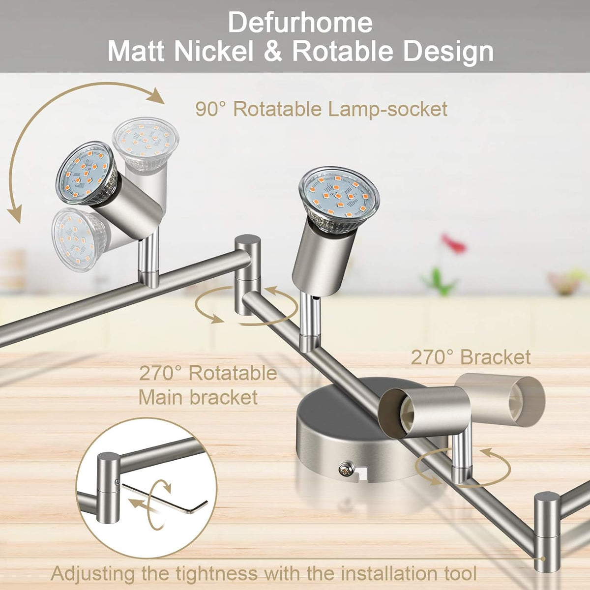 Defurhome LED Deckenleuchte Drehbar, 6 Flammig LED Strahler Deckenlampe Spot,Modern Deckenstrahler (Mattes Nickel), inkl. 6 x 4 W GU10 LED Lampen (400LM, warmweiß) [Energieklasse E]
