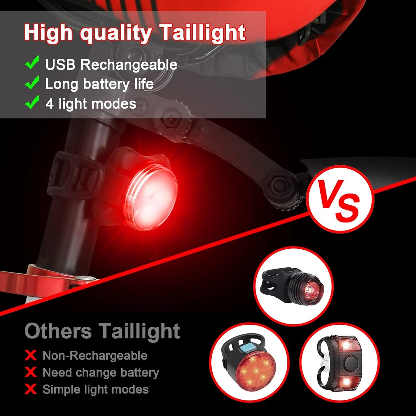 Defurhome Bike Light Set, Super Bright USB Rechargeable Bicycle Lights, 4 Brightness Modes Options Cycling Front Light & Rear Light, Waterproof Mountain Road Bike Lights(2 Cables, 4 Straps)