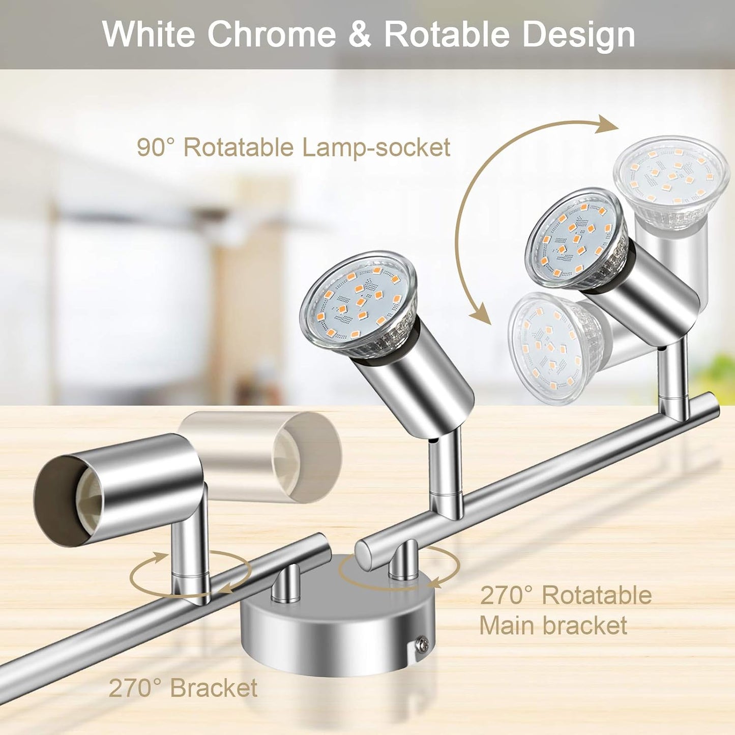 Defurhome LED Ceiling Light Rotatable, 4 Way Adjustable Modern Ceiling Spotlights(White Chrome) for Kitchen, Living Room, Bedroom,Including 4 x 4W GU10 Led Bulbs(400LM, Warm White) [Energy Class E]