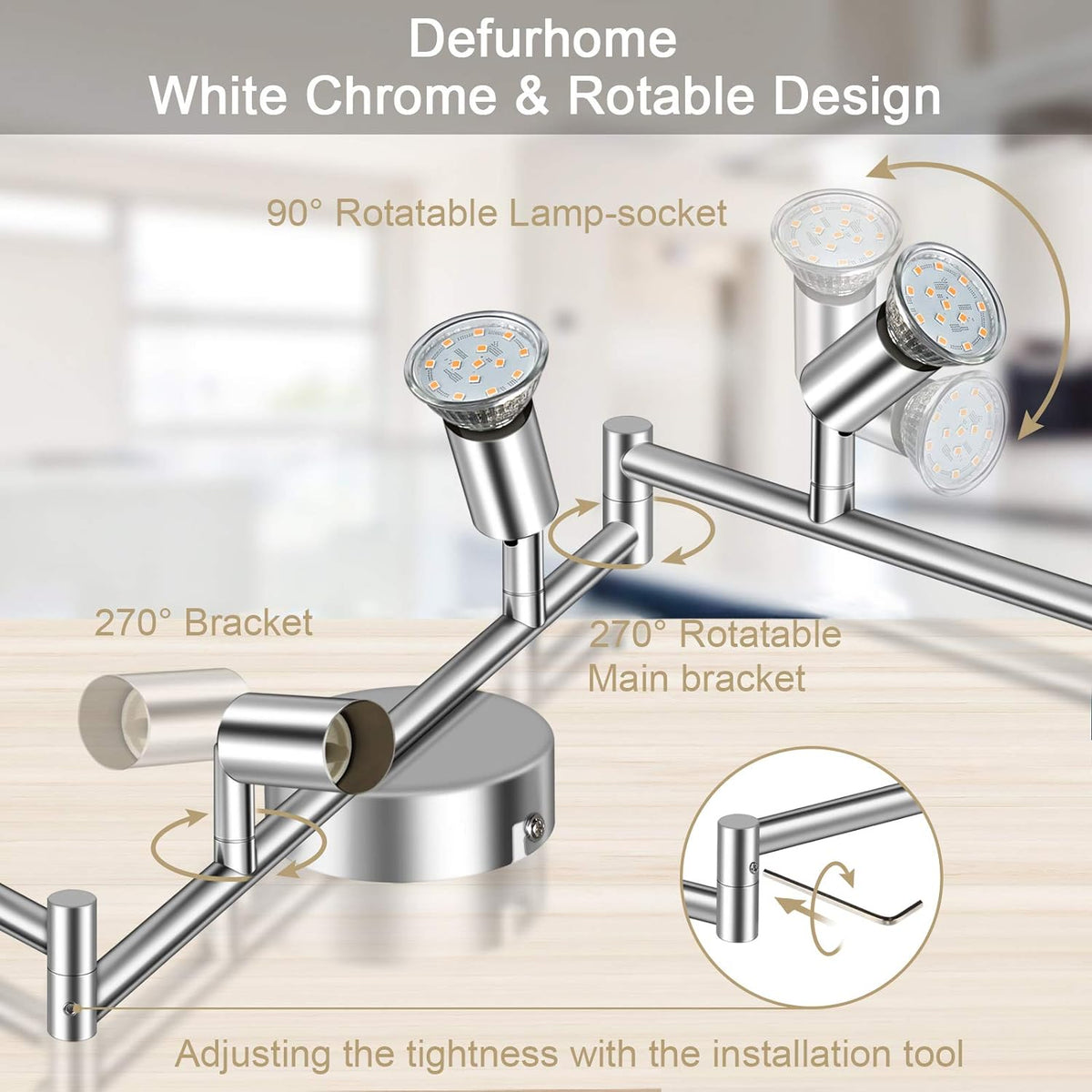 Defurhome LED Deckenleuchte Drehbar, 6 Flammig LED Strahler Deckenlampe Spot,Modern Deckenstrahler (Weißes Chrom) für Küche, Wohnzimmer, Schlafzimmer, inkl. 6 x 4W GU10 LED Lampen (400LM, warmweiß) [Energieklasse E]