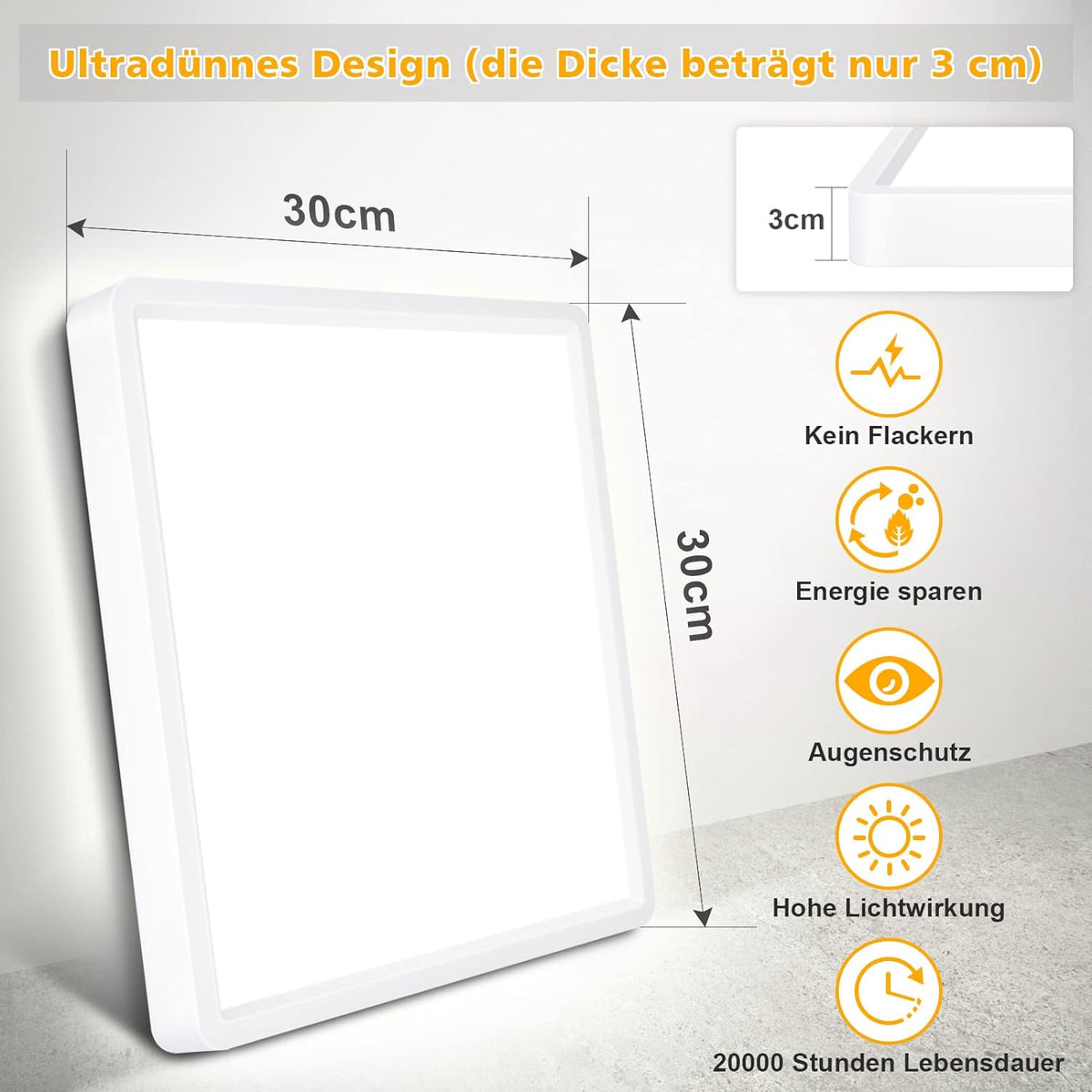 Defurhome Quadrat Deckenleuchte Flach,24W(Ersetzt 150W Glühbirne),2200LM,IP54 Wasserfest Badlampe,3cm Ultra Dünn,4000k Neutralweißer,Ideal für Schlafzimmer,Wohnzimmer,Küche,Flur,30cm(Weiß) [Energieklasse F]