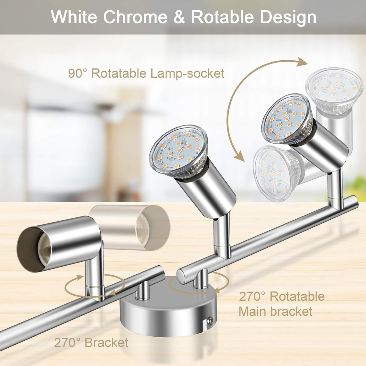 Defurhome LED Deckenleuchte Drehbar, 4 Flammig LED Strahler Deckenlampe Spot,Modern Deckenstrahler (Weißes Chrom) für Küche, Wohnzimmer, Schlafzimmer, inkl. 4 x 4 W GU10 LED Lampen (400LM, warmweiß) [Energieklasse E]