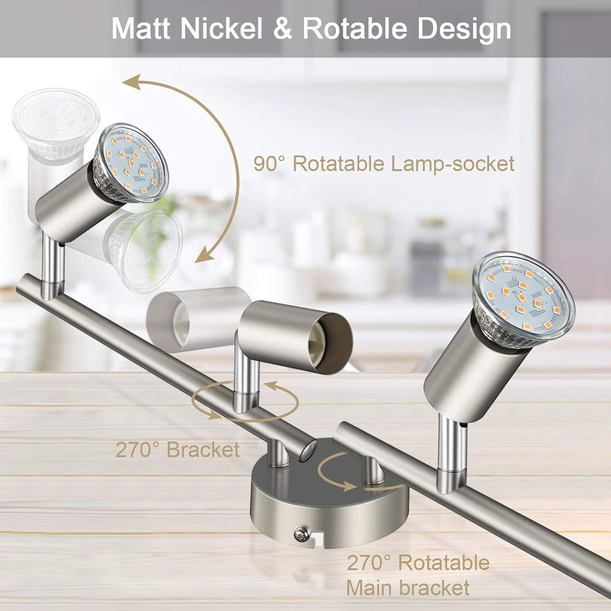 Defurhome LED Ceiling Light Rotatable, 4 Way Adjustable Modern Ceiling Spotlights(Matte Nickel) for Kitchen, Living Room, Bedroom,Including 4 x 4 W GU10 Led Bulbs(400LM, Warm White) [Energy Class E]